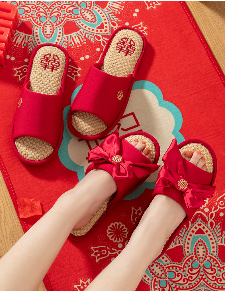 拖鞋女喜慶紅色一對居家情侶亞麻拖鞋女