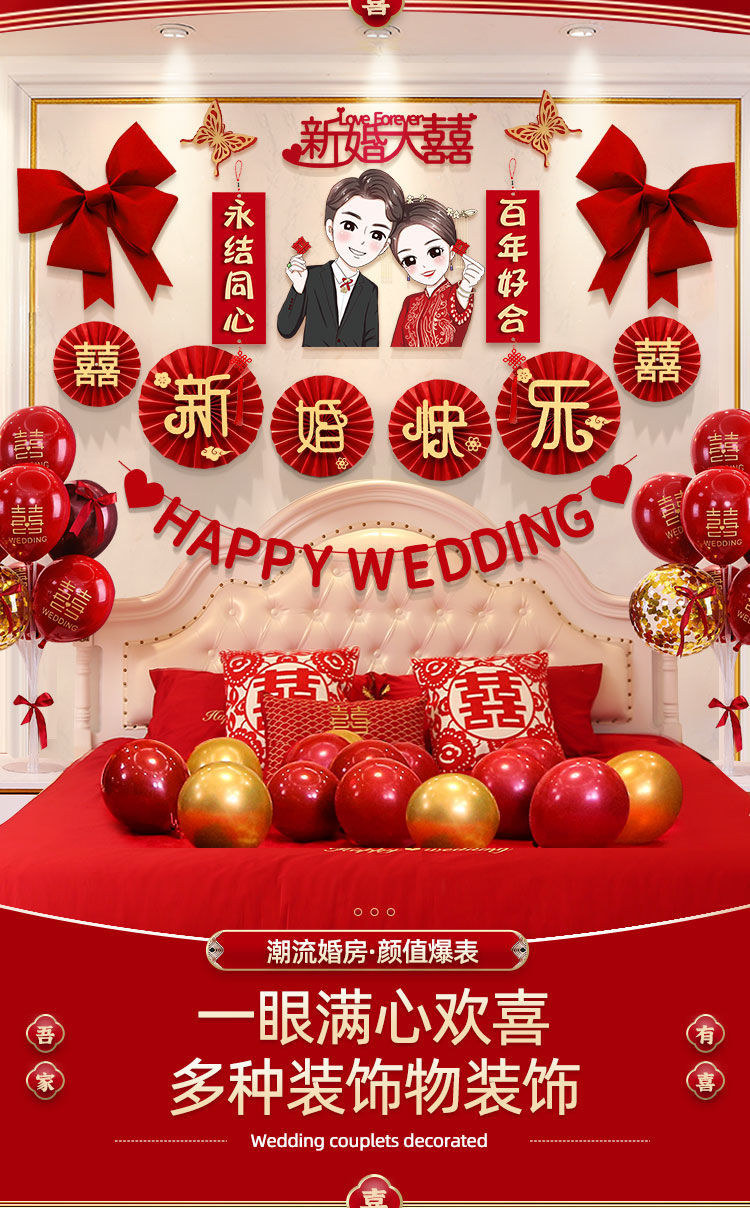 婚房布置套裝結(jié)婚裝飾男方女方結(jié)婚臥室背景墻裝飾