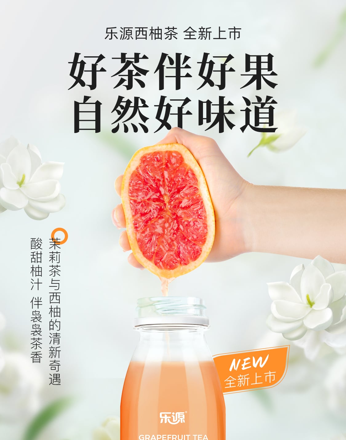 【新品上市】樂(lè)源西柚茶茉莉花茶果汁飲料0脂清爽解膩整箱280ml*8瓶