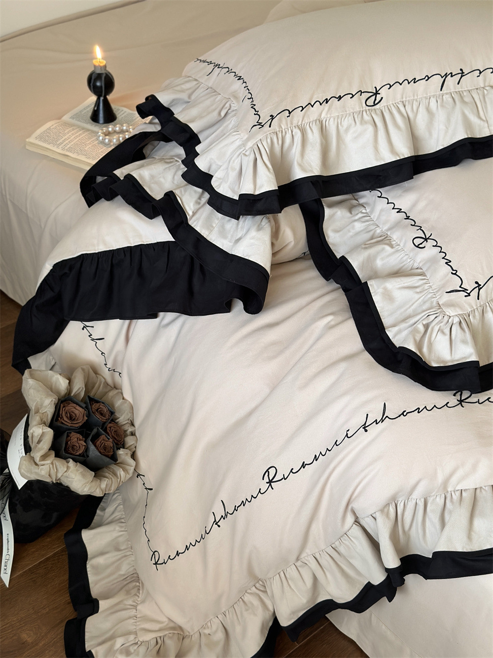復古黑色花邊50支全棉貢緞磨毛四件套法式風簡約刺繡被套床上用品
