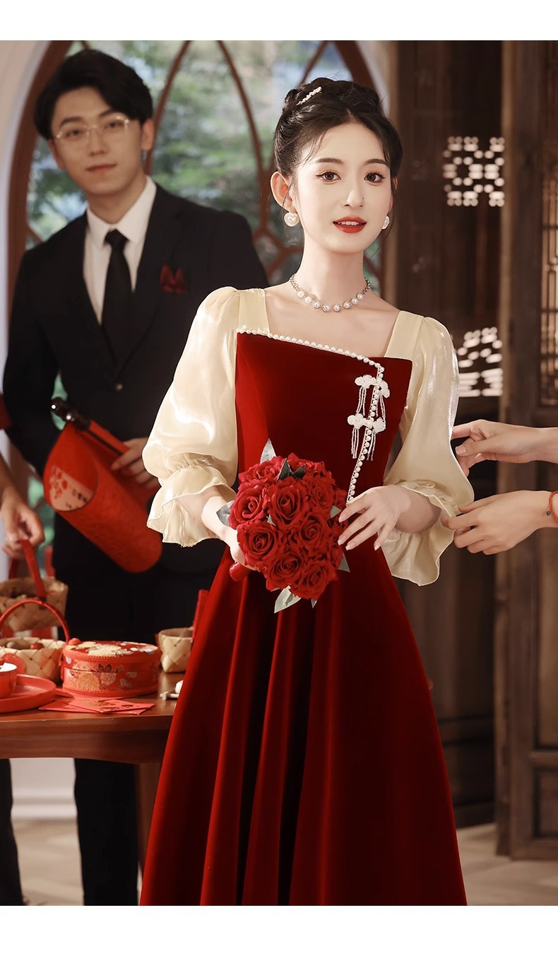 【現貨速發】氣質敬酒服2024新款新娘酒紅色高級感訂婚禮服連衣裙結婚當天便裝