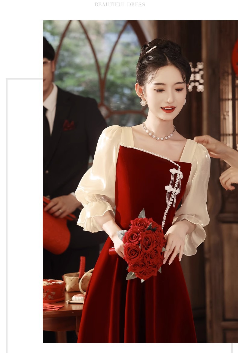 【現貨速發】氣質敬酒服2024新款新娘酒紅色高級感訂婚禮服連衣裙結婚當天便裝
